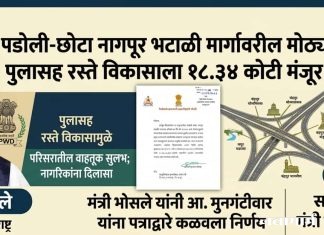 पडोली–छोटा नागपूर भटाळी मार्गावरील मोठ्या पुलासह रस्ते विकासाला १८. ३४ कोटी मंजुर